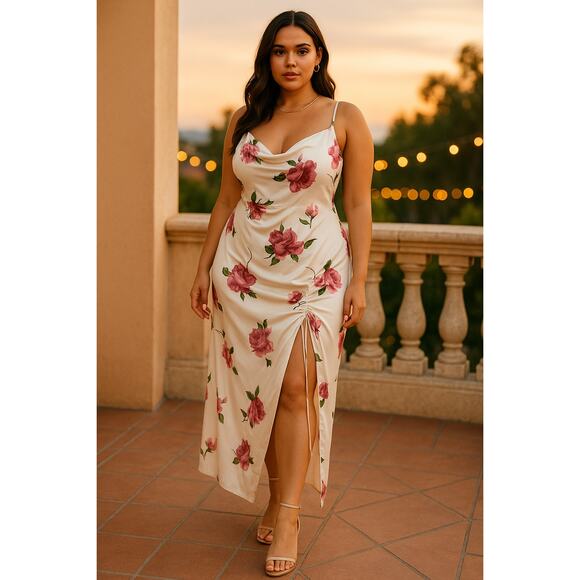 New JLUX Label Floral Satin Slip Maxi Dress L Large Pink Rose Print Cowl Neck - Picture 1 of 14